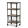 Baxton Studio Swanson Black Metal Distressed Oak Wood Mobile Kitchen Bar Wine Cart 160-9562